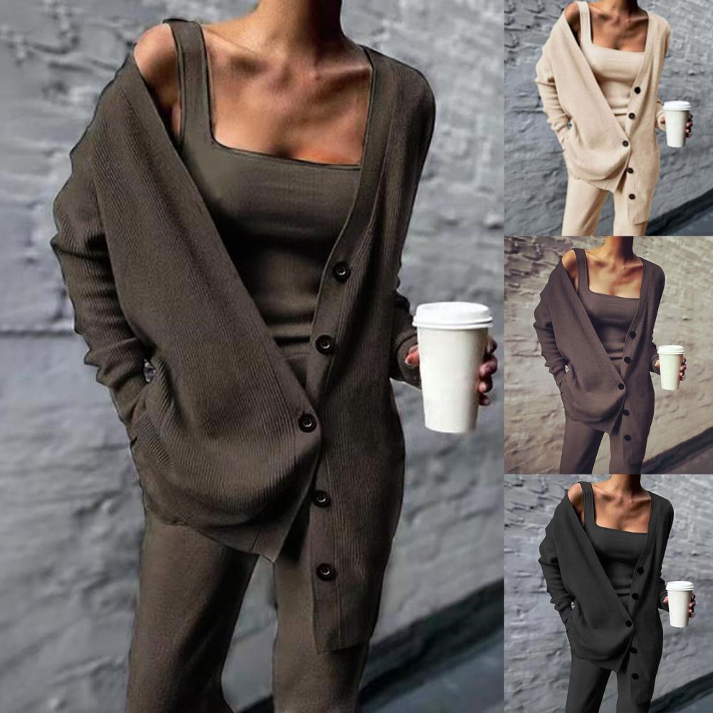 2021 Women Three Pices Set Autumn Winter Knitted Solid Cardigan Tops Tank Top And Casual Loose Long Pants Female Suit Tracksuit - reetell