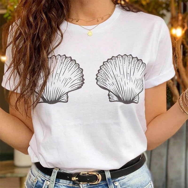 Mermaid Sea Shell Bra Print T-shirt Women Aesthetic Boob Graphic Funny Tee Top Casual Summer Tumblr Vacay Beach Tshirt Dropship - reetell