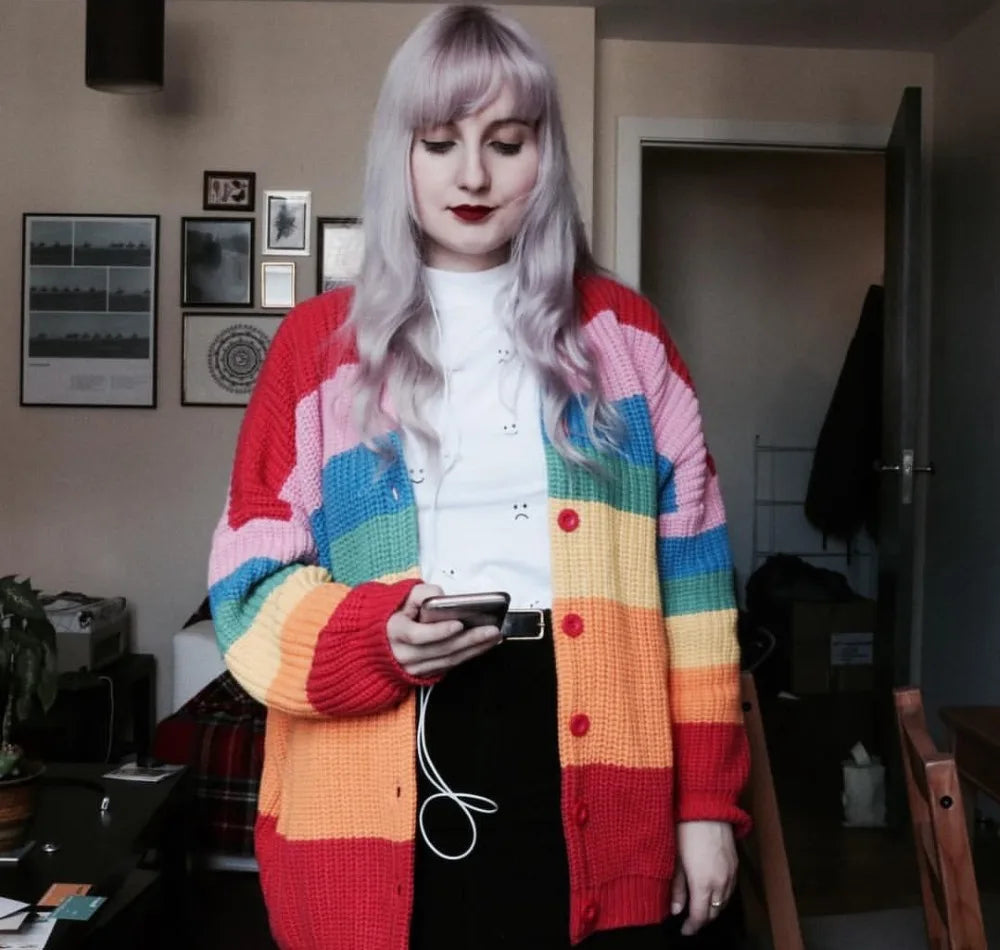 BORING Letters Rainbow Multicolor Striped Loose Kimono Cardigan Women Fall Winter Knitted Cardigan Sweet Long Sweater C111 - reetell