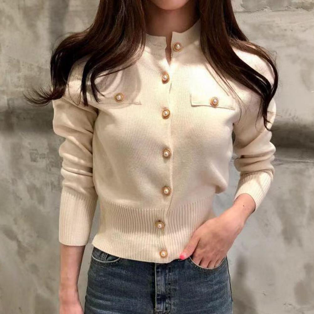 Women Cardigan Sweater Decorative Pockets Faux Pearl Buttons Knitted Coat Short Single Breasted Korean Slim Chic Ladies Tops - reetell