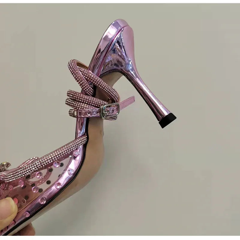 Brand Luxury Crystal Sequined Bowknot Women Pumps Sexy Ankle Strap High heels Female Sandals Summer Fashion Wedding Prom Shoes - reetell