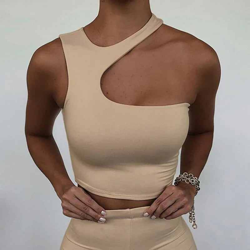 Cut Out Sexy Crop Off Shoulder Solid Skinny Sport Short Tops Women Tank Irregular Summer Tube Tops - reetell