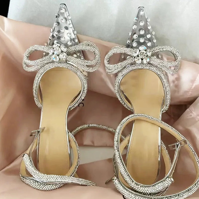 Brand Luxury Crystal Sequined Bowknot Women Pumps Sexy Ankle Strap High heels Female Sandals Summer Fashion Wedding Prom Shoes - reetell