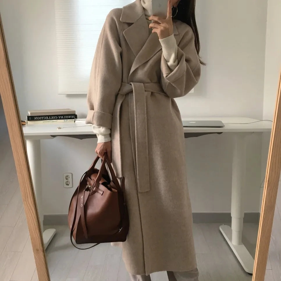 JXMYY French Lazy Style Warm Female Fresh Winter 2024 Classical Belt Retro Loose Women Woolen Coats Chic Casual Long Coat Long - reetell