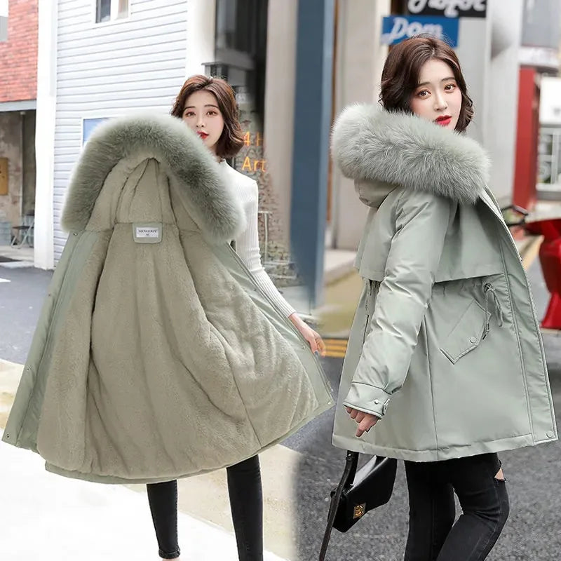 2023 New Winter Jacket Women Parka Fashion Long Coat Wool Liner Hooded Parkas Slim With Fur Collar Warm Snow Wear Padded Clothes - reetell