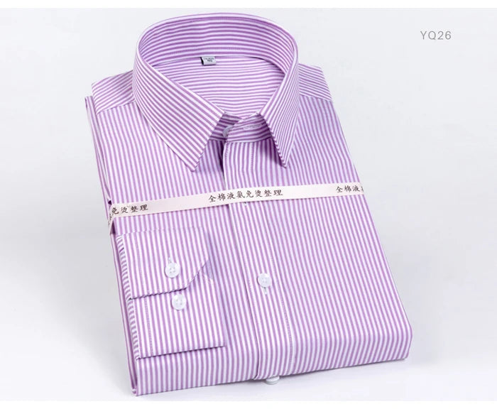 Men's Classic Striped Printed Wrinkle-Resistant Dress Shirts 100% Cotton Regular-Fit Formal Business Long-Sleeve Non-iron Shirt