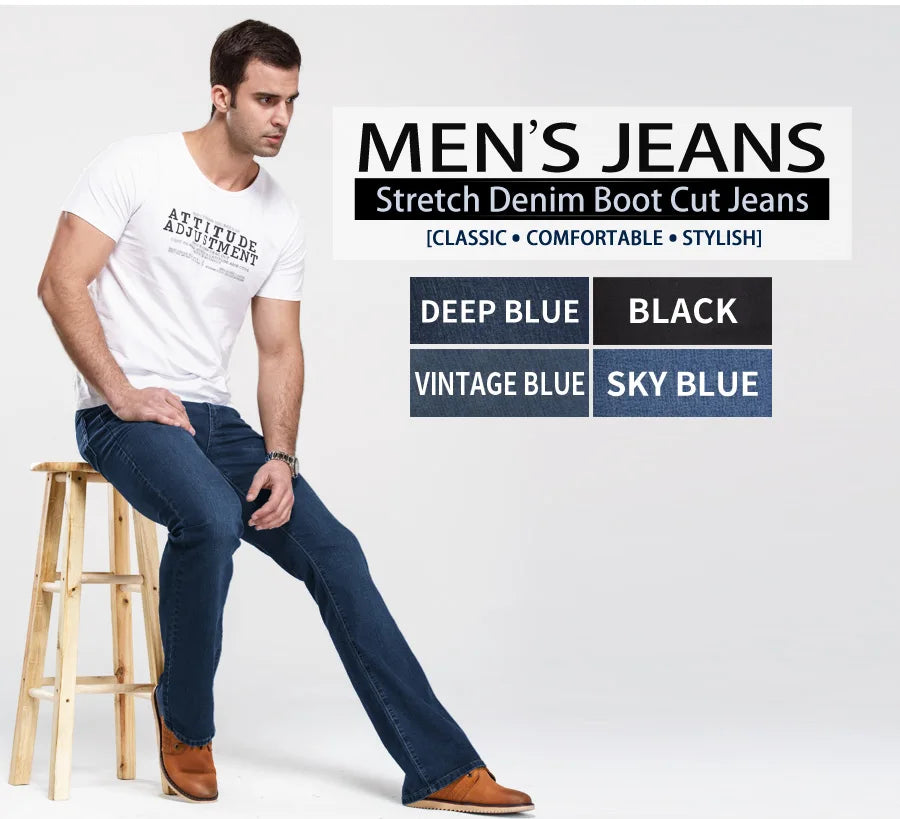 Mens Boot Cut Jeans Slightly Flared Slim Fit Blue Black Trousers Designer Classic Male Stretch Denim Pants - reetell