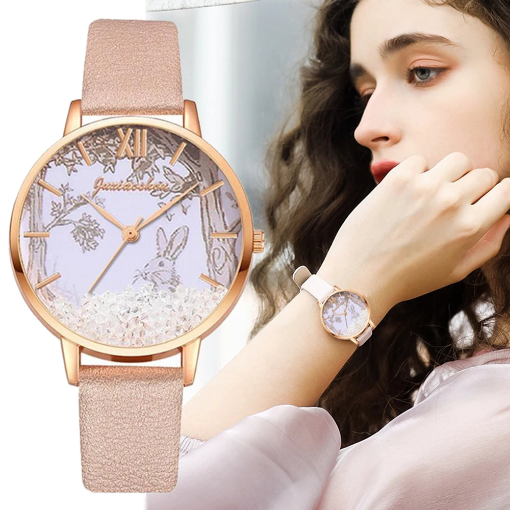 Luxury Rhinestones Women Watches Fashion Rabbit Pattern Dial Design Ladies Wristwatches Qualities Female Quartz Leather Watch