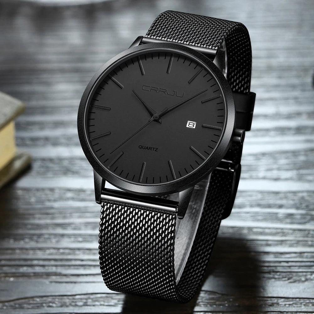 CRRJU Fashion Mens Watches Ultra Thin Quartz Watch Men Casual Slim Mesh Steel Waterproof Sport Watch Black Relogio Masculino