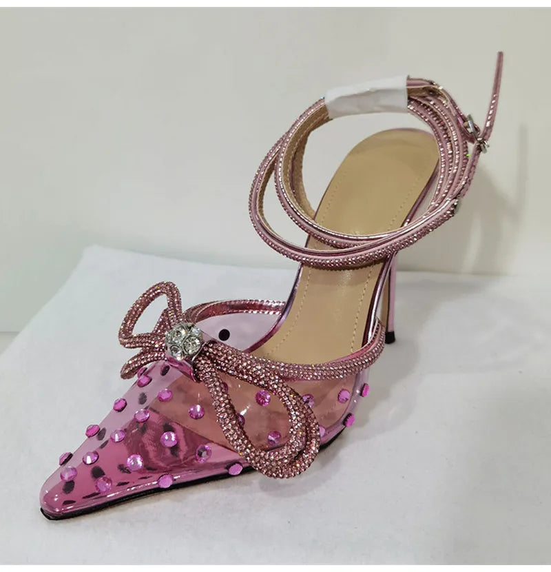 Brand Luxury Crystal Sequined Bowknot Women Pumps Sexy Ankle Strap High heels Female Sandals Summer Fashion Wedding Prom Shoes - reetell