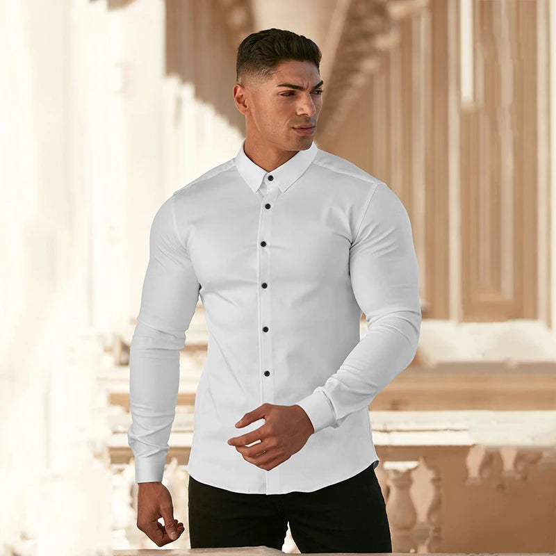 Men Fashion Casual long Sleeve Solid Shirt Super Slim Fit Male Social Business Dress Shirt Brand Men Fitness Sports Clothing - reetell