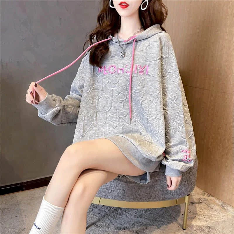 Autumn New Embroidery Hoodies Womens Fashion Loose Large Size Hoodie Korean Trendy Thin Long-sleeved Versatile Hooded Sweatshirt - reetell