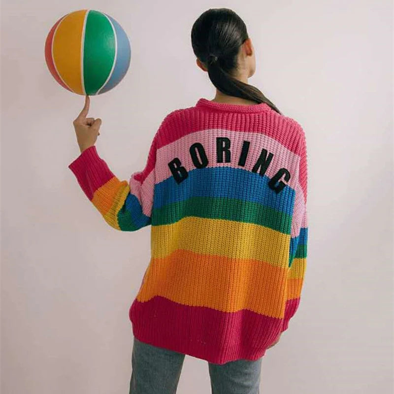 BORING Letters Rainbow Multicolor Striped Loose Kimono Cardigan Women Fall Winter Knitted Cardigan Sweet Long Sweater C111 - reetell