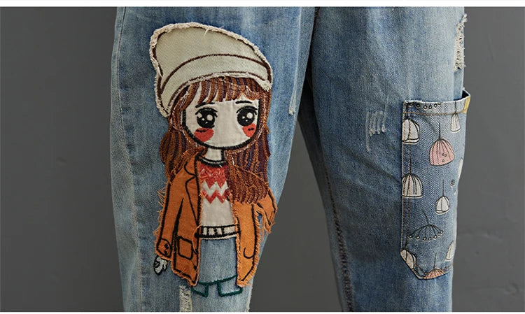 6537 Cartoon Litter Girl Embroidery Denim Pants For Women Trendy Hole Casual High Waist Breeches Pockets Mom Harem Blue Jeans - reetell