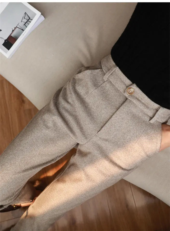 Woolen Pants Women's Harem Pencil Pants 2024 Autumn Winter High Waisted Casual Suit Pants Office Lady Women Trousers - reetell