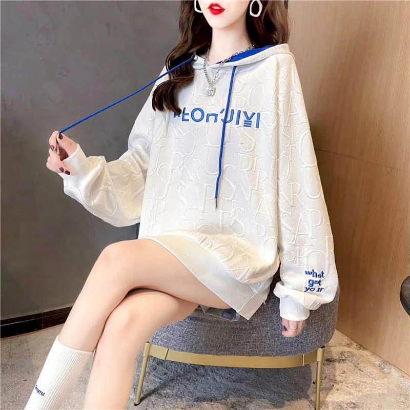 Autumn New Embroidery Hoodies Womens Fashion Loose Large Size Hoodie Korean Trendy Thin Long-sleeved Versatile Hooded Sweatshirt - reetell