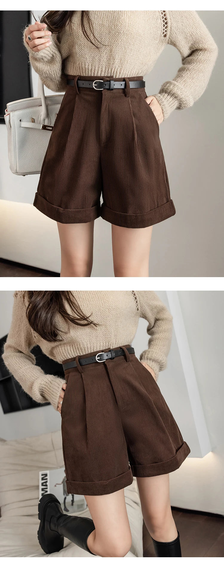 Streetwear Winter Corduroy Shorts Women Casual Loose Wide Leg Woolen Shorts With Belt High Waist Short Femme Black Khaki Brown - reetell