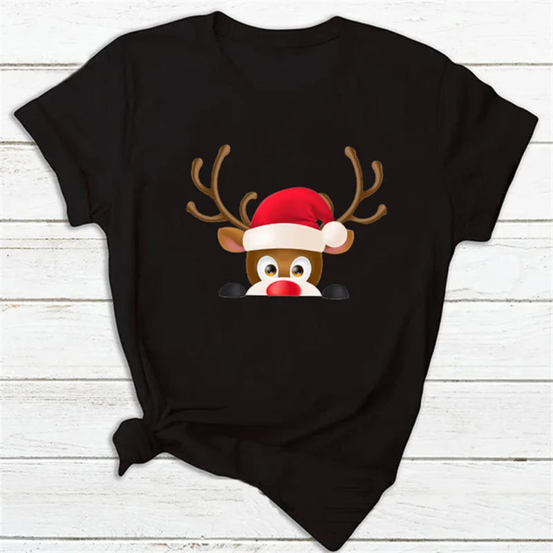 Maycaur Fashion Women's Tops Tee Women Merry Christmas Holiday Tshirts Funny Cartoon Santa Reindeer Printed Black T-shirt Female - reetell