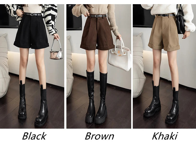 Streetwear Winter Corduroy Shorts Women Casual Loose Wide Leg Woolen Shorts With Belt High Waist Short Femme Black Khaki Brown - reetell