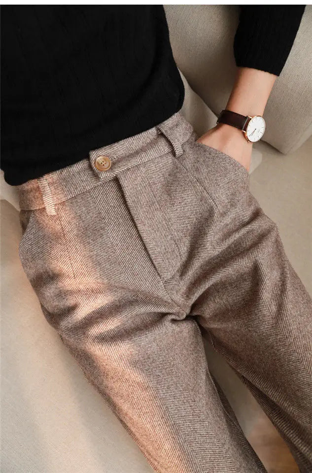 Woolen Pants Women's Harem Pencil Pants 2024 Autumn Winter High Waisted Casual Suit Pants Office Lady Women Trousers - reetell