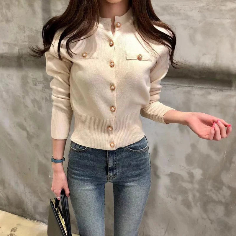 Zoki Fashion Women Cardigan Sweater Spring Knitted Long Sleeve Short Coat Casual Single Breasted Korean Slim Chic Ladies Top - reetell