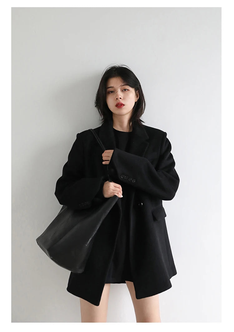 CHIC VEN Women Wool Blend Coat Solid Mid Long Woolen Blazer Thick Warm Blouse Women's Overcoat Office Lady Tops Autumn Winter - reetell