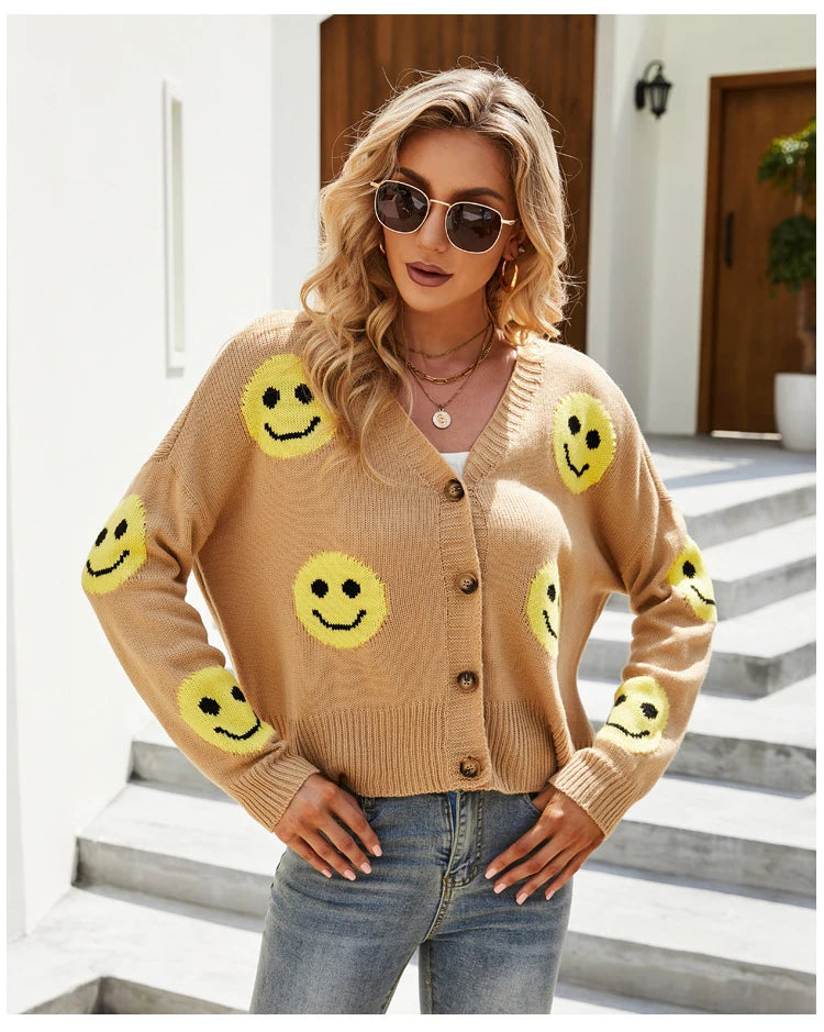 Women's Smiling Face Cardigan Autumn Winter New Female's Long Sleeve V Neck Single Breasted Knitted Shirt Casual Loose Knitwear - reetell