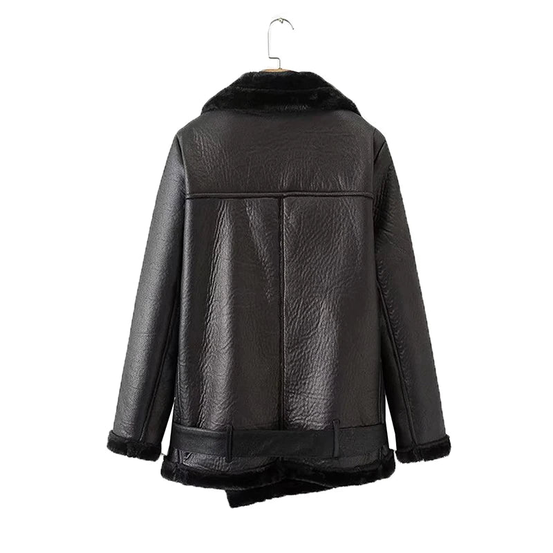 Ailegogo Winter Coats Women Thickness Faux Leather Fur Sheepskin Female Fur Leather Jacket Aviator Outwear Casaco Feminino