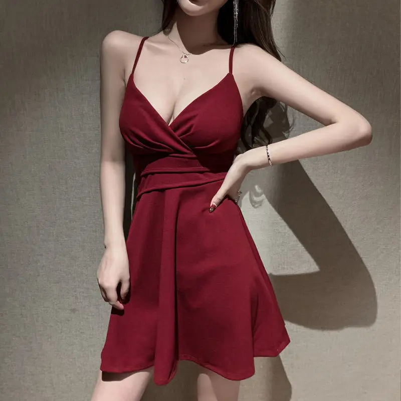 Night club girls sexy dress V neck flare skirts womens wine red Slim Bodycon Mini dresses female summer clothing - reetell