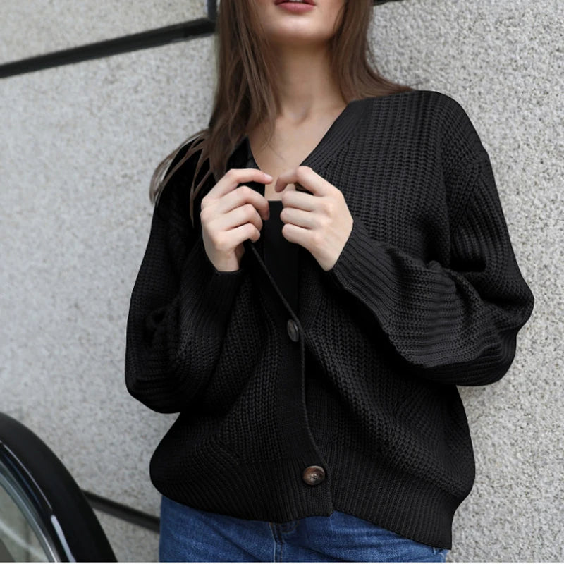 NEW Fashion Women Knitted Cardigans Sweater Fashion Autumn Long Sleeve Loose Coat Casual Button Thick V Neck Solid Female Tops - reetell