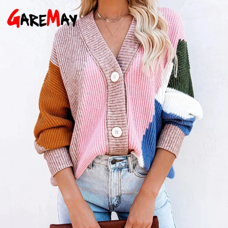 Winter Oversized Cardigans for Women Button Up V-Neck Loose Pink Printed Plaid Vintage Warm Sweater Knitted Cardigan Female 2024 - reetell