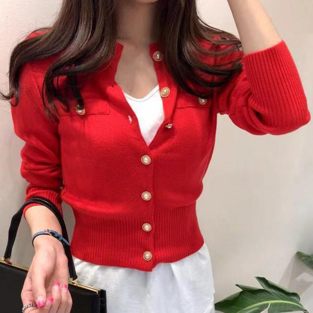 Women Cardigan Sweater Decorative Pockets Faux Pearl Buttons Knitted Coat Short Single Breasted Korean Slim Chic Ladies Tops - reetell