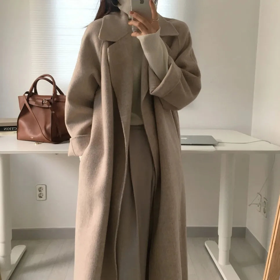 JXMYY French Lazy Style Warm Female Fresh Winter 2024 Classical Belt Retro Loose Women Woolen Coats Chic Casual Long Coat Long - reetell