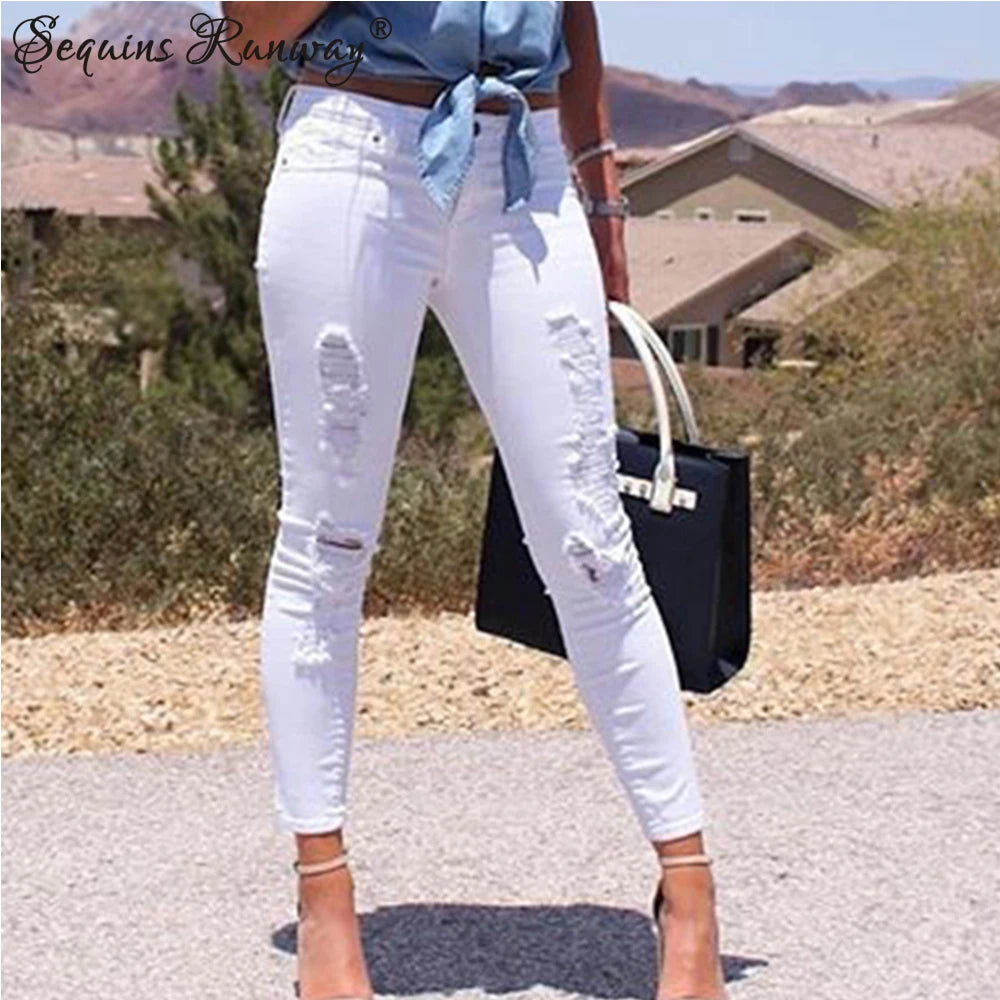 Sexy Hole white streetwear women boyfriend jeans woman high waist pencil pants leggings mom jeans vintage clothes denim trousers - reetell