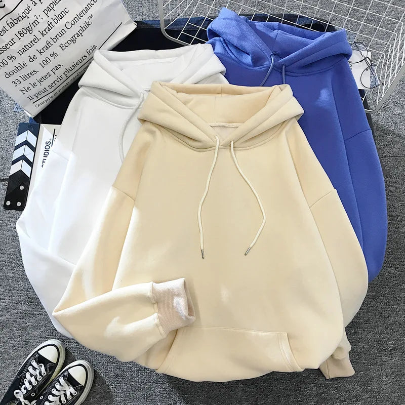 Zuolunouba Autumn And Winter Solid Color Plus Velvet Thickening Female Hoodie Casual Loose Drawstring Pocket Women Sweatshirt - reetell