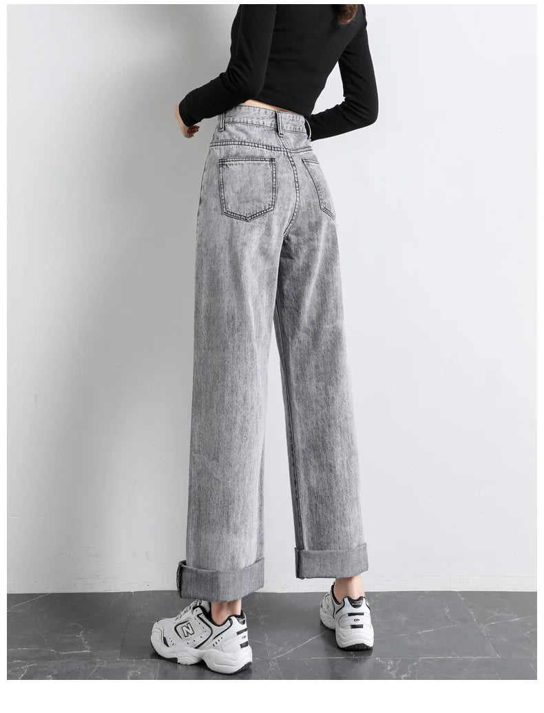 Jeans Straight Pants Washed Loose High Waist Plus Size Women Casual Boyfriends Cowboy Vintage Wide Leg Trousers 2022 New - reetell