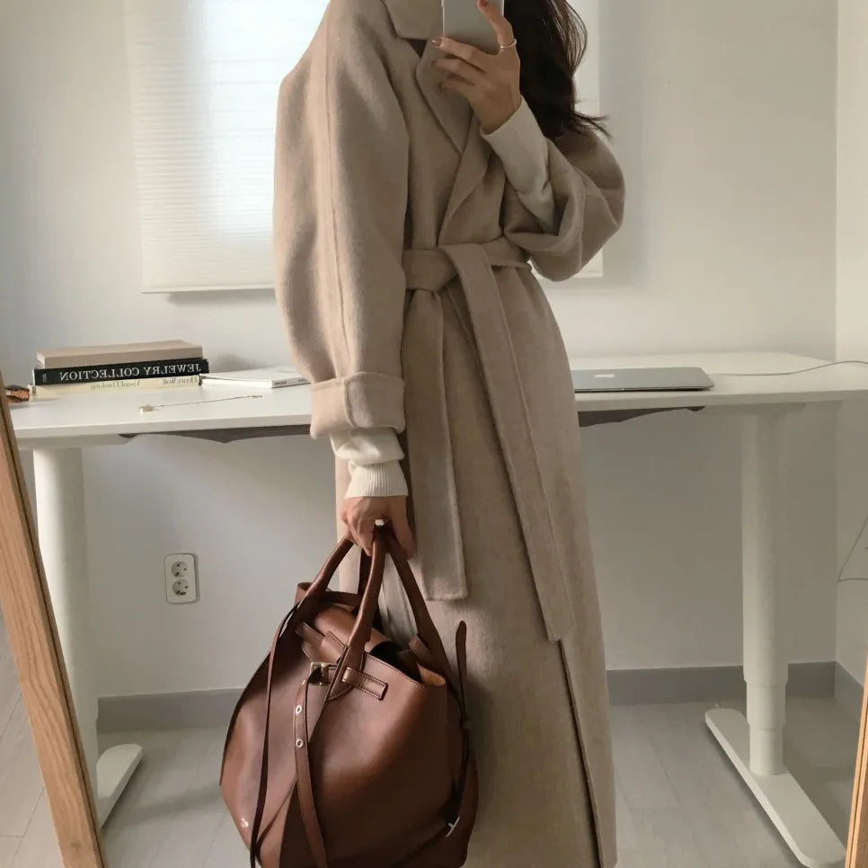 JXMYY French Lazy Style Warm Female Fresh Winter 2024 Classical Belt Retro Loose Women Woolen Coats Chic Casual Long Coat Long - reetell