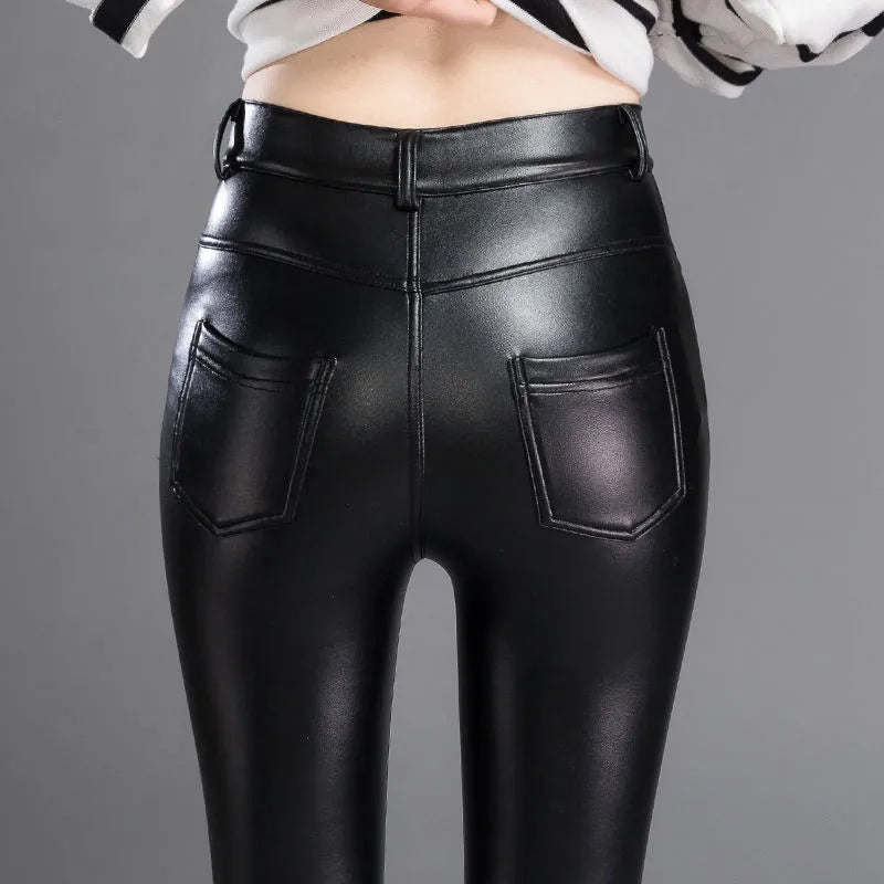 Stretch Fleece Winter Velvet Trousers pu leather women's casual warm Female Pencil  Slim Autumn high waist pants - reetell