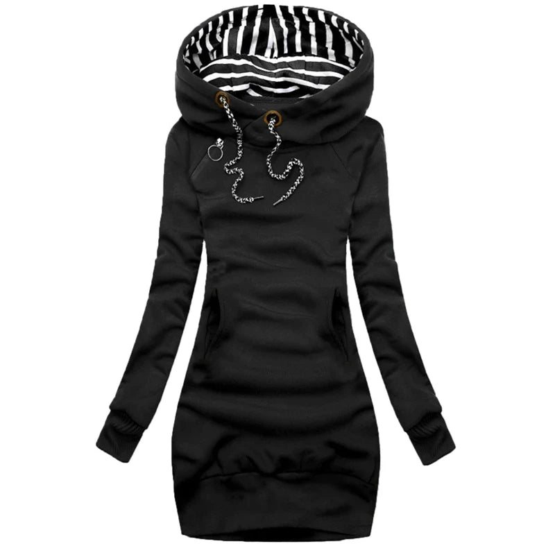 Fashion Women Sweatshirt Pullover Hoodies Long Sleeve Dress Hooded Striped Hooded Tops Drawstring Sweatshirts Slim Long Hoodies - reetell