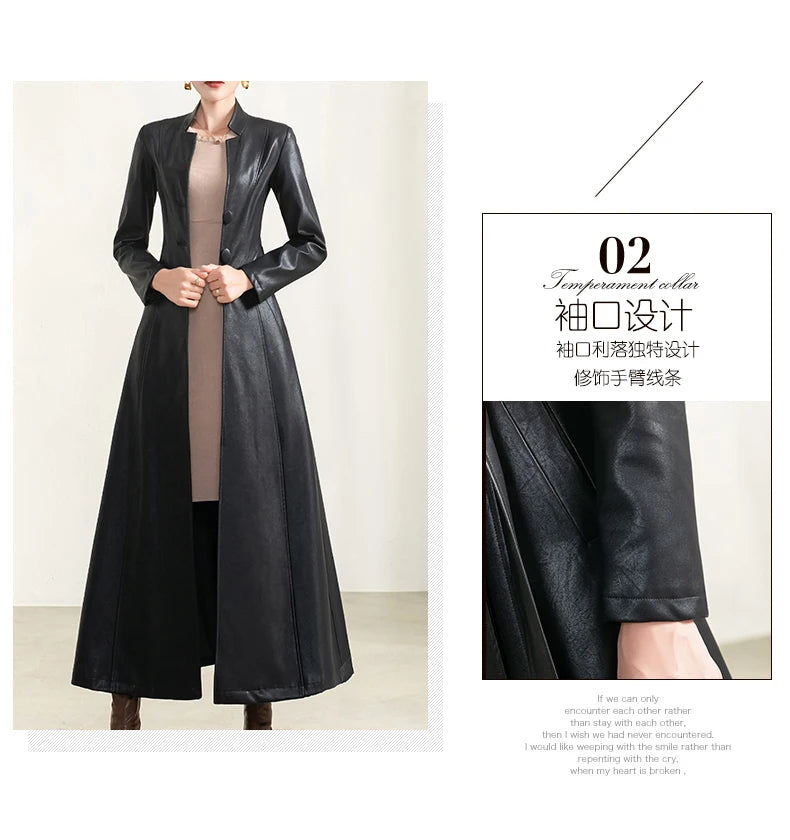 Lautaro Spring Autumn Long Black Soft Waterproof Faux Leather Coat Women Belt Long Sleeve Single Breasted Luxury Fashion 2022