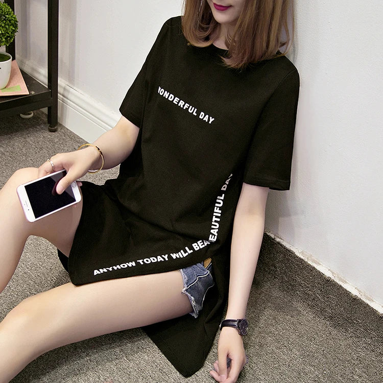 WONDERFUL DAY Print Long T shirts Summer Women Loose Slit Femme Tops Cotton Tshirt Short sleeve Ladies t-shirt - reetell