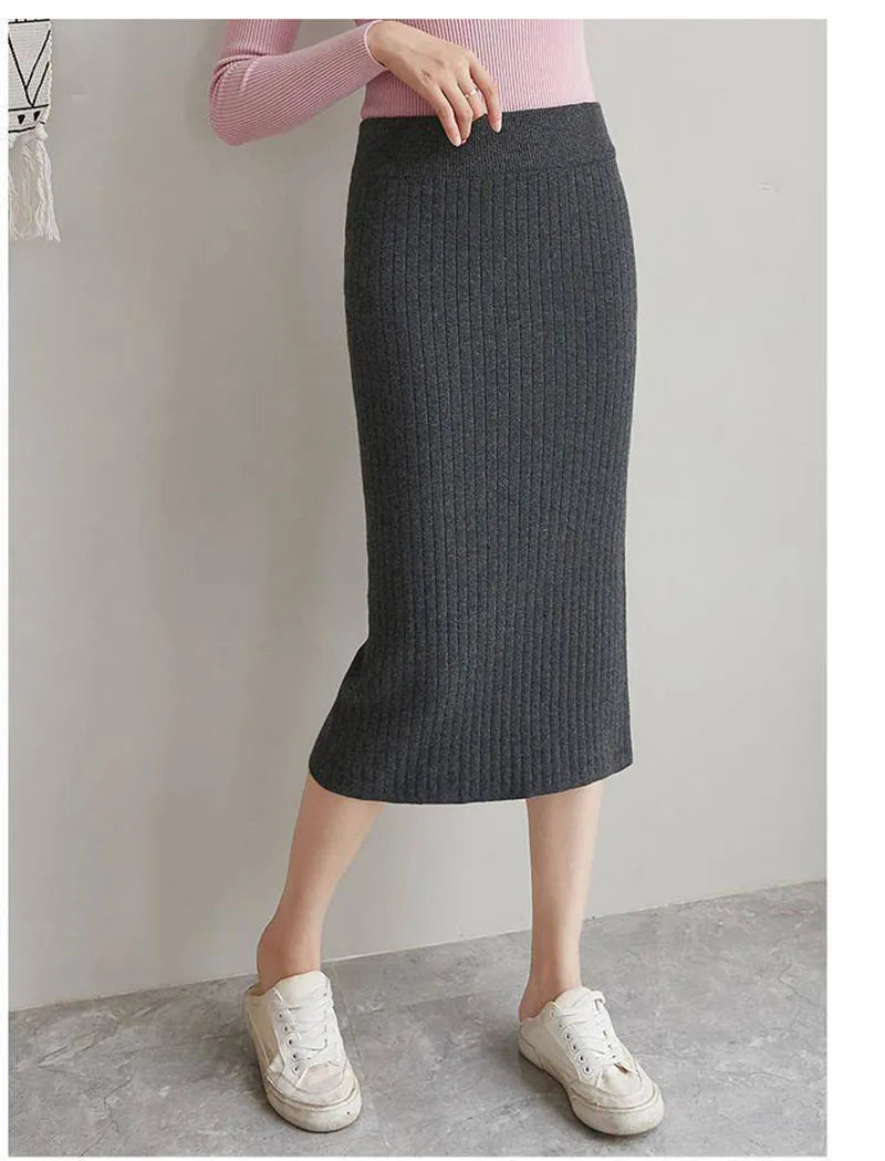 50-60-70 CM Fashion Autumn Winter Korean Knitted Women Skirts Elastic High Waist Split A-line Female Sexy Ribbed Skirts - reetell