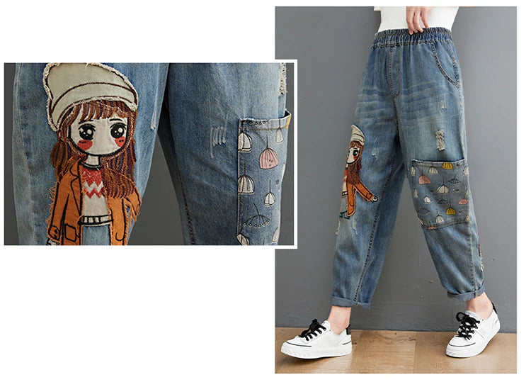 6537 Cartoon Litter Girl Embroidery Denim Pants For Women Trendy Hole Casual High Waist Breeches Pockets Mom Harem Blue Jeans - reetell