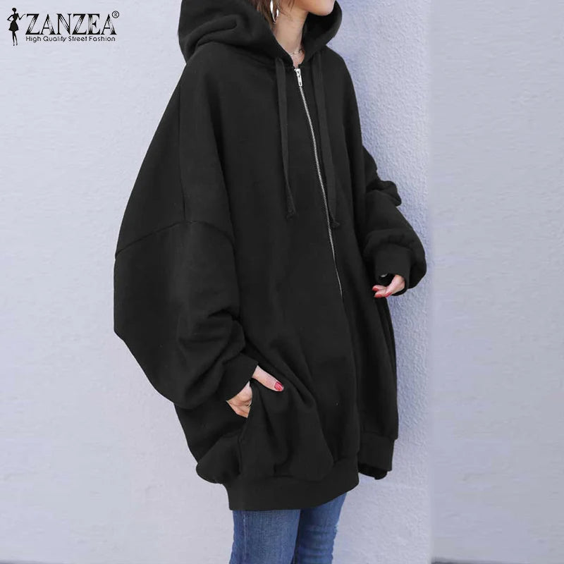 ZANZEA Fashion Oversize Coats Women Autumn Long Sleeve Sweatshirts Female Casual Elegant Loose Outwear Hooded Hoodies 2023 - reetell