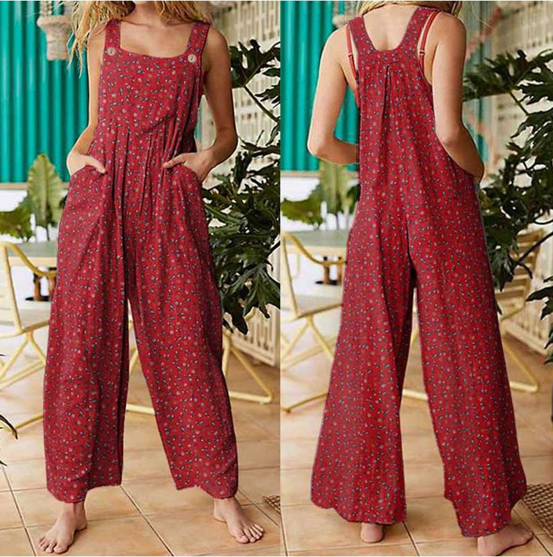 Summer New Women Casual Loose Flower Print Jumpsuits Women's Overalls Boho Sleeveless Square Collar Jumpsuits Rompers