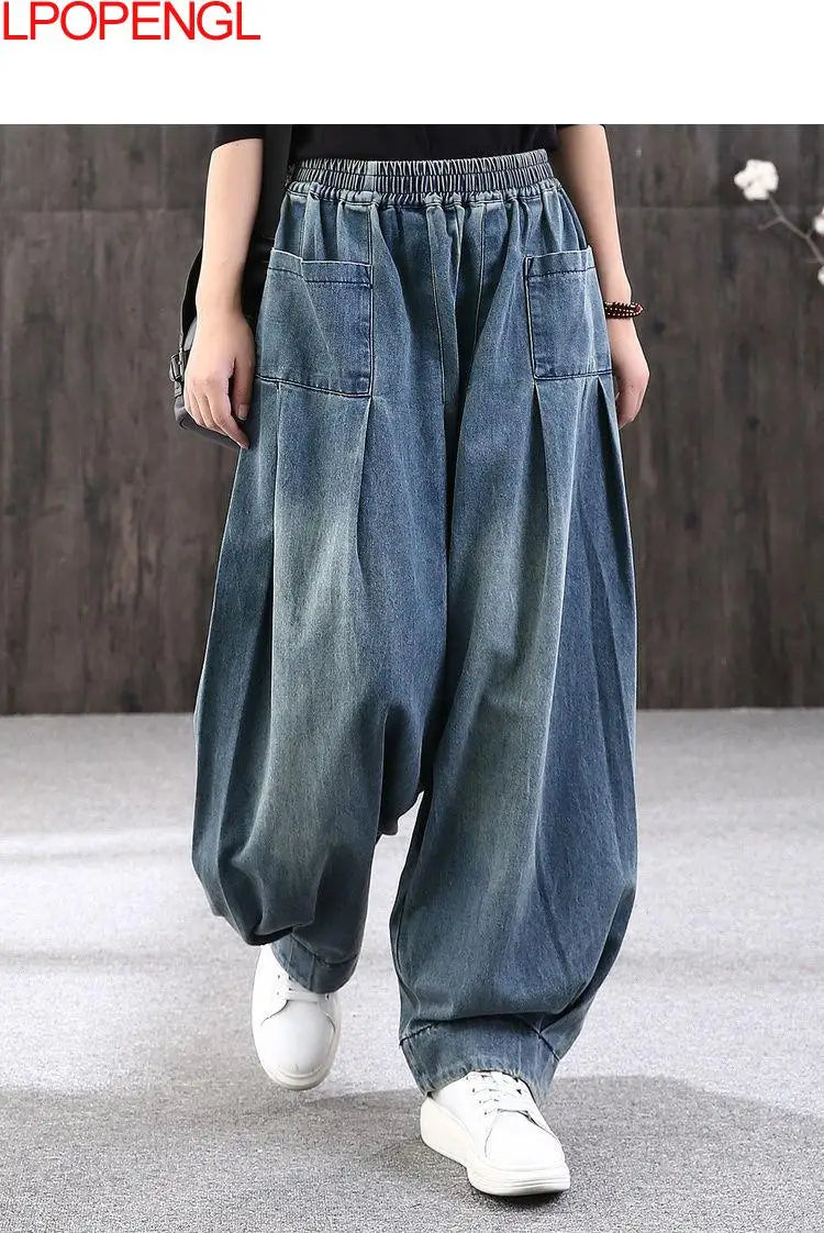 New Baggy Oversize Jeans Women Denim Casual Cross Pants Female Vintage Harem Pants Trousers Bloomers 2024 Mom Wide Leg Jeans - reetell