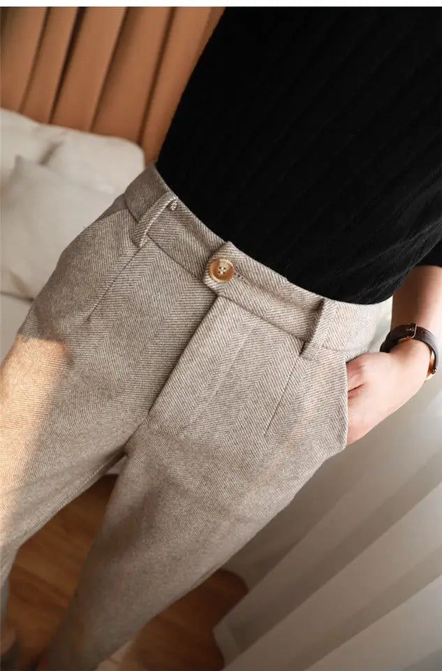 Woolen Pants Women's Harem Pencil Pants 2024 Autumn Winter High Waisted Casual Suit Pants Office Lady Women Trousers - reetell