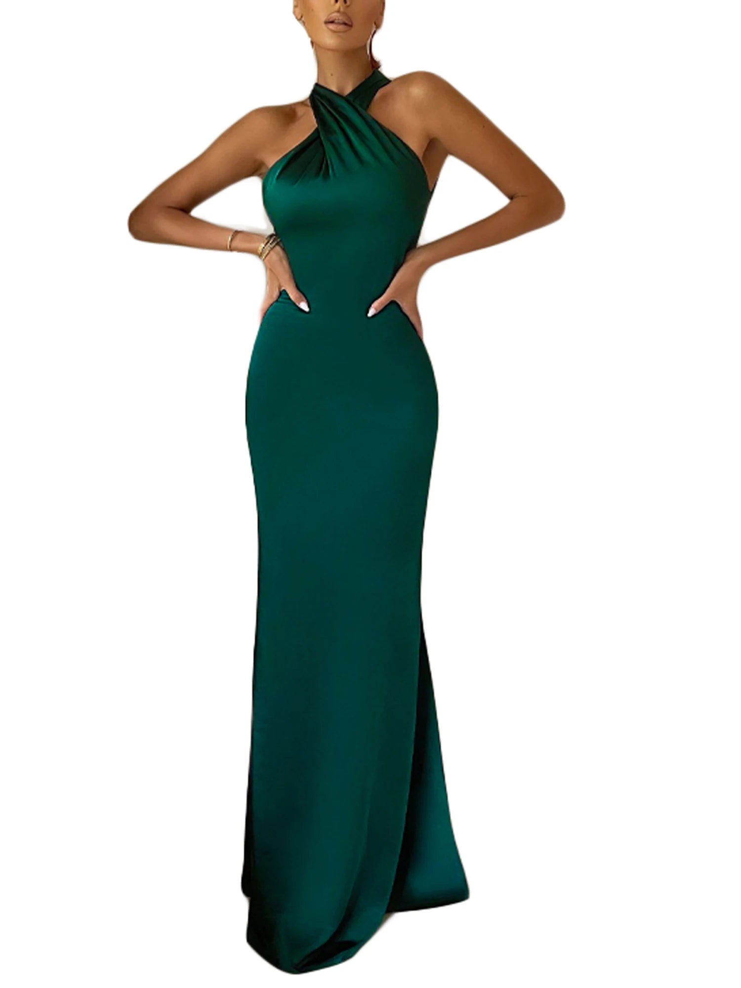 Halter Dresses Women Solid Color Long Dress Cross Halter Backless Ball Gown Cocktail Party Evening Dresses - reetell