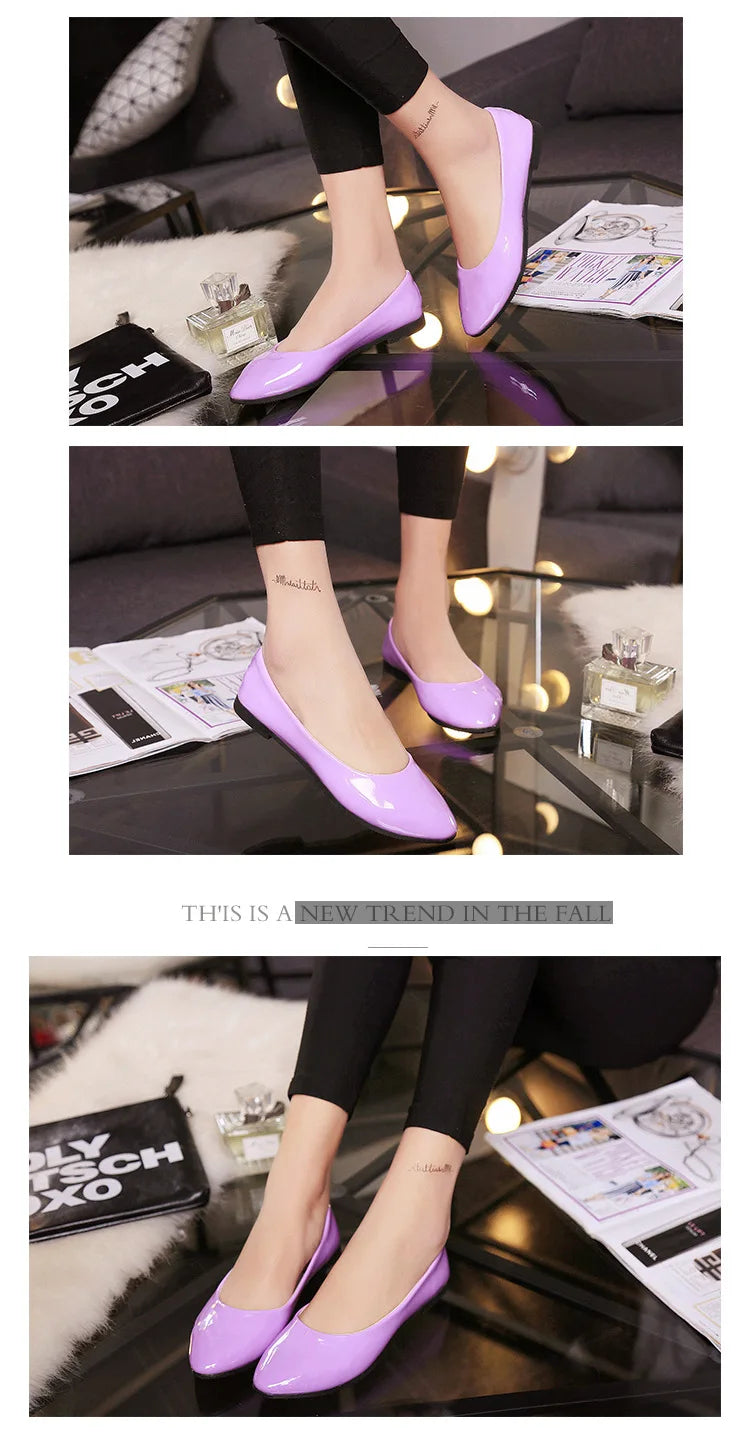 PU patent leather shoes woman single shoes shallow round tow spring autumn ballet flats shoes contracted big sizeisd34 - reetell