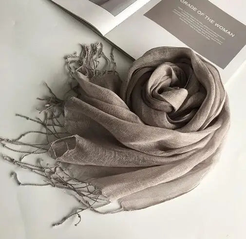 55*180cm Fashion Soft Solid Women 100% Linen Flax Tassel Scarf Summer Travel Sunscreen Long Shawl Elegant Hijab Women Foulard - reetell